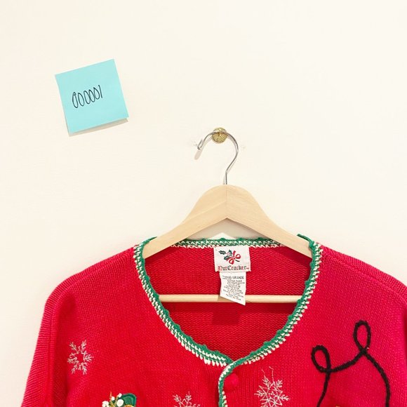Vintage Nut Cracker Womens Red Christmas Snowmen Button Front Sweater Size L - Picture 4 of 4